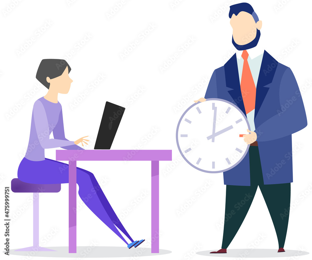 Woman working on laptop computer next to man boss with clock. Idea of time management, planning schedule and deadline. Workflow of office manager concept. Employee completes task before deadline