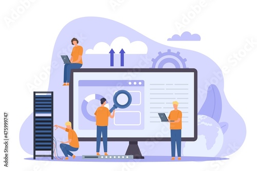 Web hosting or cloud computing poster with system admins. People maintain data technology software. Database storage service vector concept photo