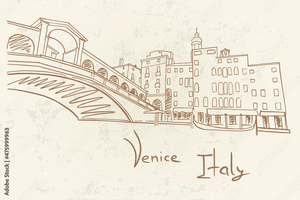 Vector sketch of scene in Venice with channel, gondola and architecture.