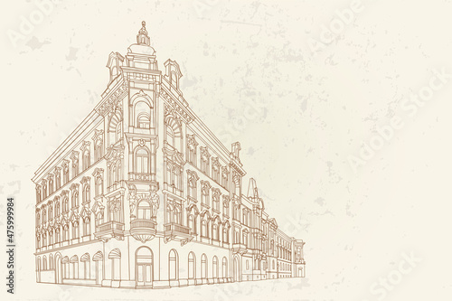 Hand drawn ink line sketch of street scene in Zagreb, Croatia.