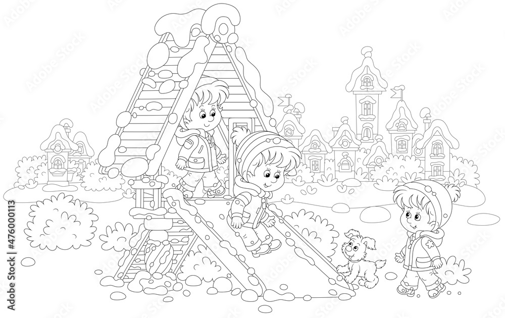 Merry little children playing on a toy slide on a snow-covered playground in a winter park of a pretty small town on a beautiful snowy day, black and white vector cartoon for a coloring book