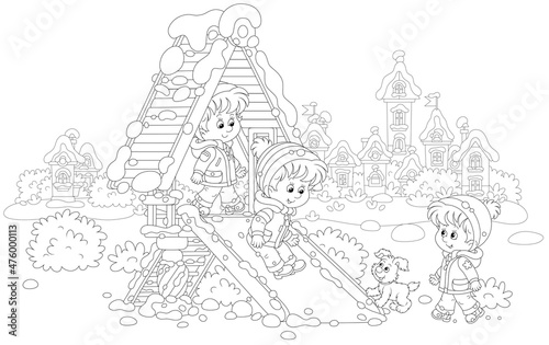 Merry little children playing on a toy slide on a snow-covered playground in a winter park of a pretty small town on a beautiful snowy day  black and white vector cartoon for a coloring book
