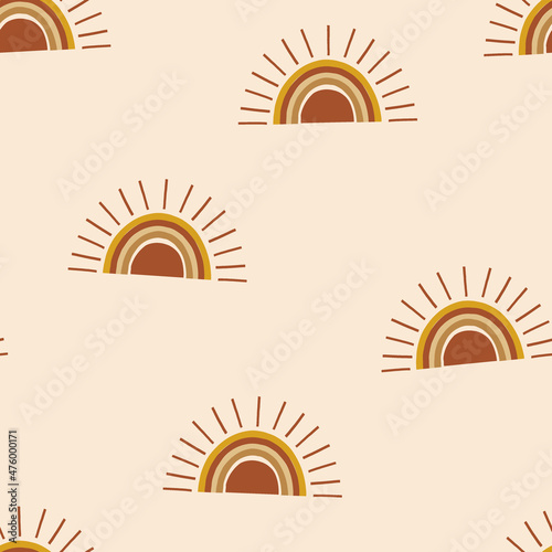 Boho abstract morning rising sun vector seamless pattern. Hippie child sunrise background. Scandinavian decorative style surface design for nursery and baby fashion.