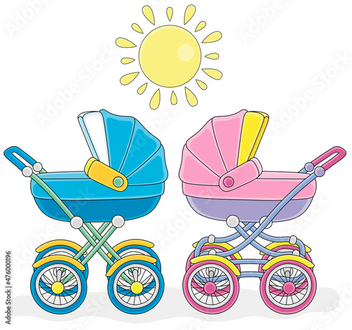 Newborn twins sleeping in their colorful baby carriages on a walk on a sunny day, vector cartoon illustration isolated on a white background photo