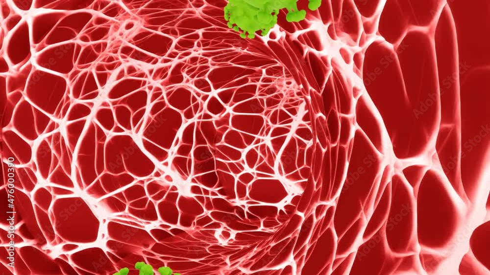Grüner Virus fliegt durch Zellgewebe im Körper