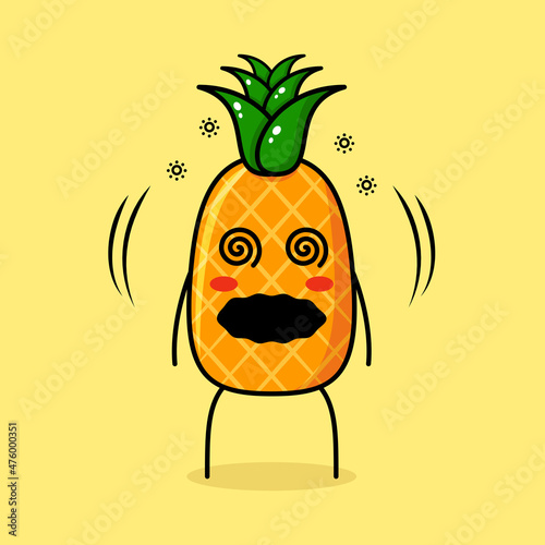 cute pineapple character with dizzy expression and rolling eyes. green and yellow. suitable for emoticon, logo, mascot