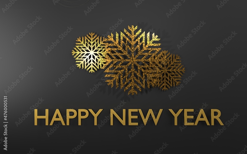 Happy New Year Text on Christmas Greeting Card with Gold Snowflakes on Dark Background