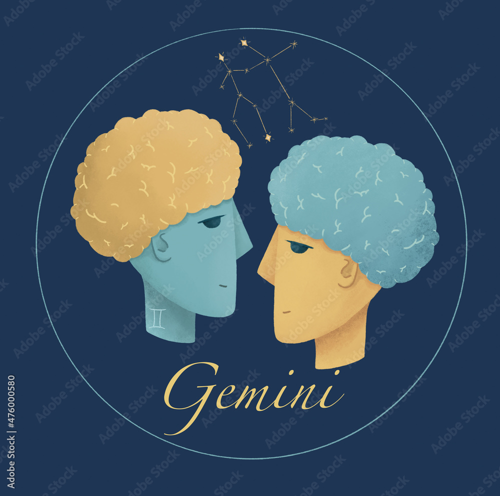 Zodiac sign Gemini horoscope symbol. Mystical astrology elements. Two
