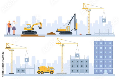 Flat houses construction process stages with building machinery. Engineers, excavator and crane build. Real estate industry vector concept