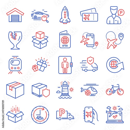 Transportation icons set. Included icon as Search car, World globe, Medical helicopter signs. Passport, Parking garage, Rocket symbols. Lighthouse, Truck parking, Valet servant. Parcel. Vector