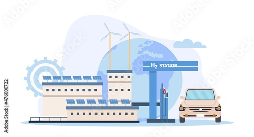 Flat hydrogen fuel factory, gas station and car. Ecologic renewable energy generation by PEM water electrolysis. Hydrogen vector concept