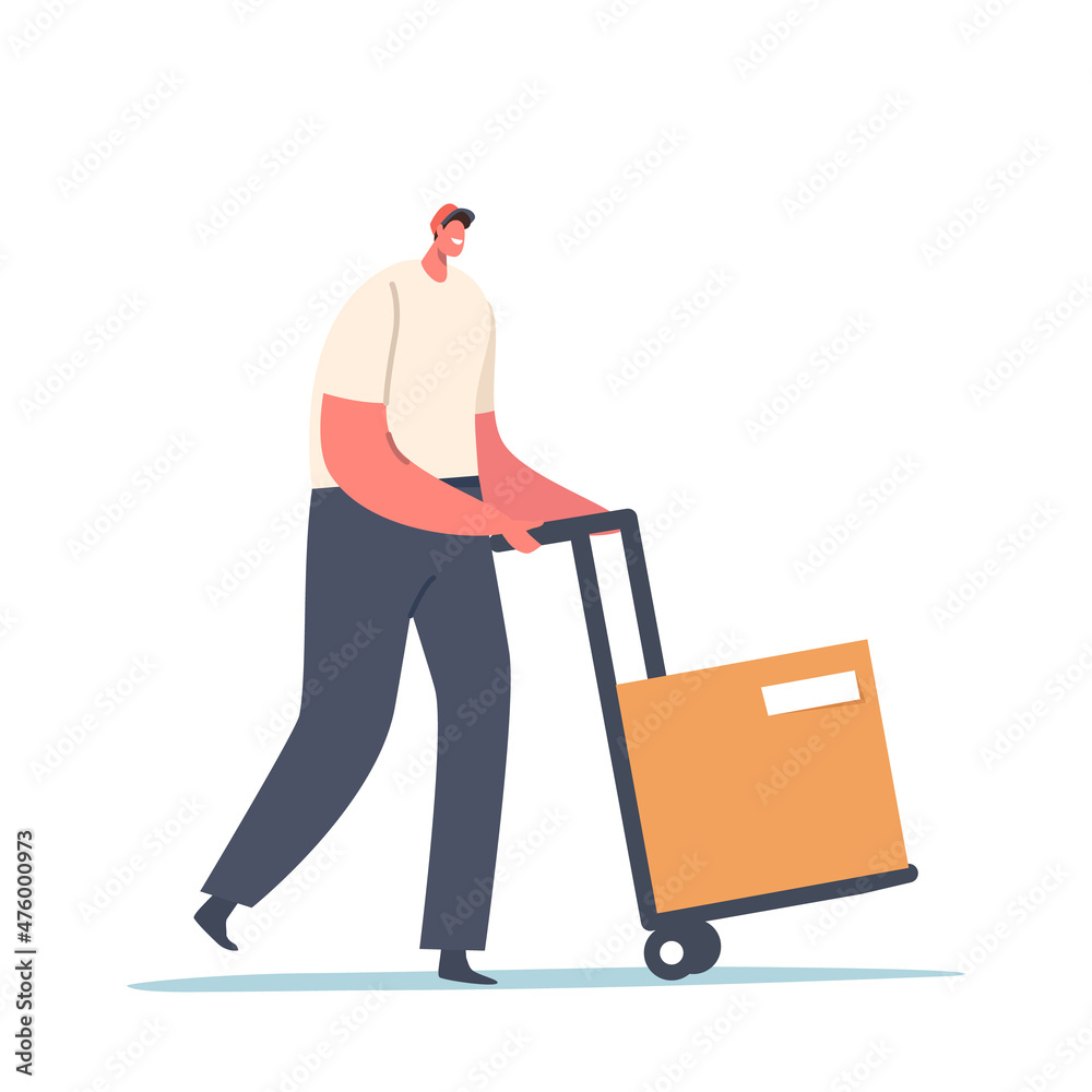 Worker in Uniform Driving Hand Truck with Carton Box. Cargo Transportation, Storage Logistic Concept. Export Import Worker in Uniform Driving Hand Truck with Carton Box. Cargo Transportation, Storage Logistic Concept. Export Import