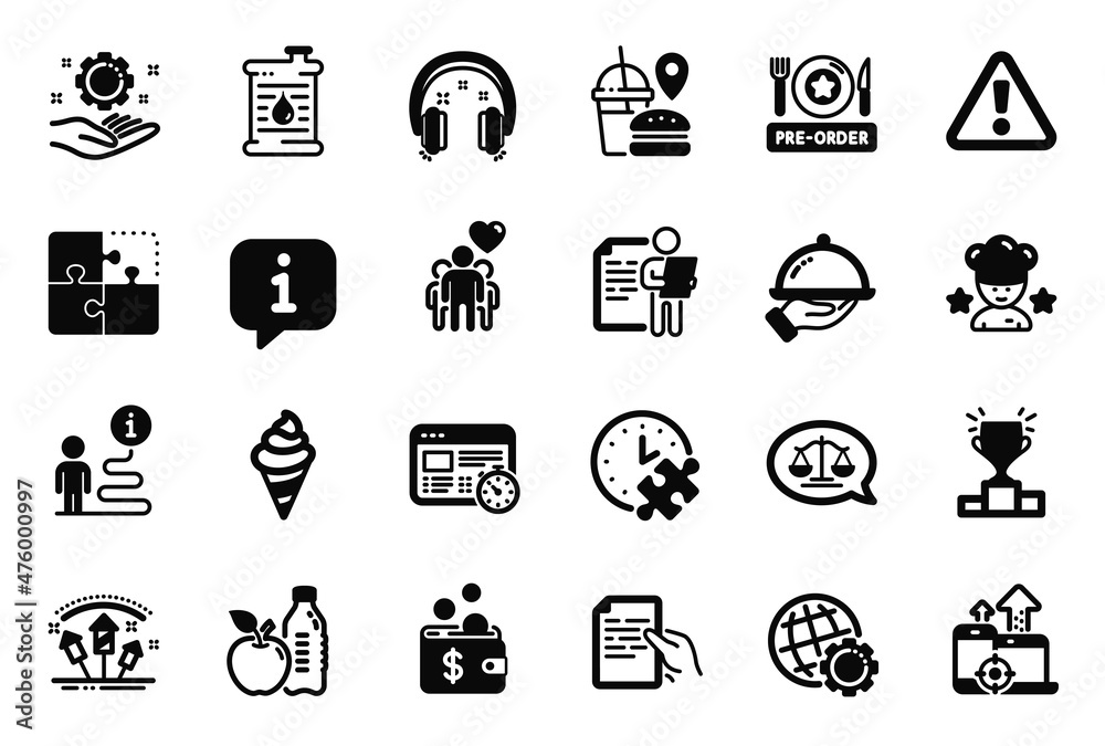 Vector Set of Business icons related to Seo devices, Hold document and Warning icons. Web timer, Fast food and Best chef signs. Winner podium, Puzzle and Restaurant food. Friendship, Globe. Vector Vector Set of Business icons related to Seo devices, Hold document and Warning icons. Web timer, Fast food and Best chef signs. Winner podium, Puzzle and Restaurant food. Friendship, Globe. Vector
