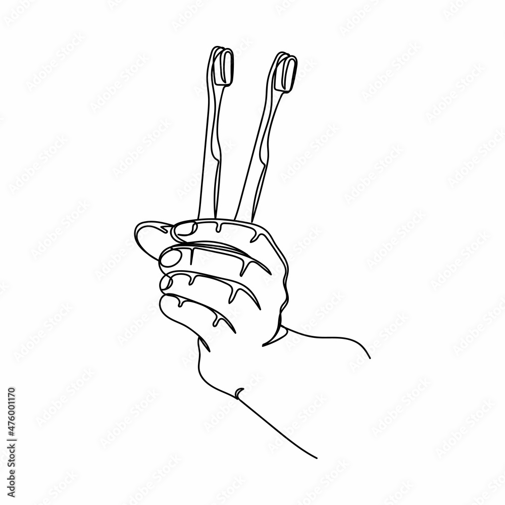 Continuous one simple single line drawing of hand holding with teeth ...