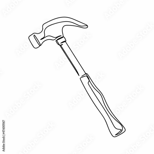 Continuous one simple single line drawing of hammer icon in silhouette on a white background. Linear stylized.