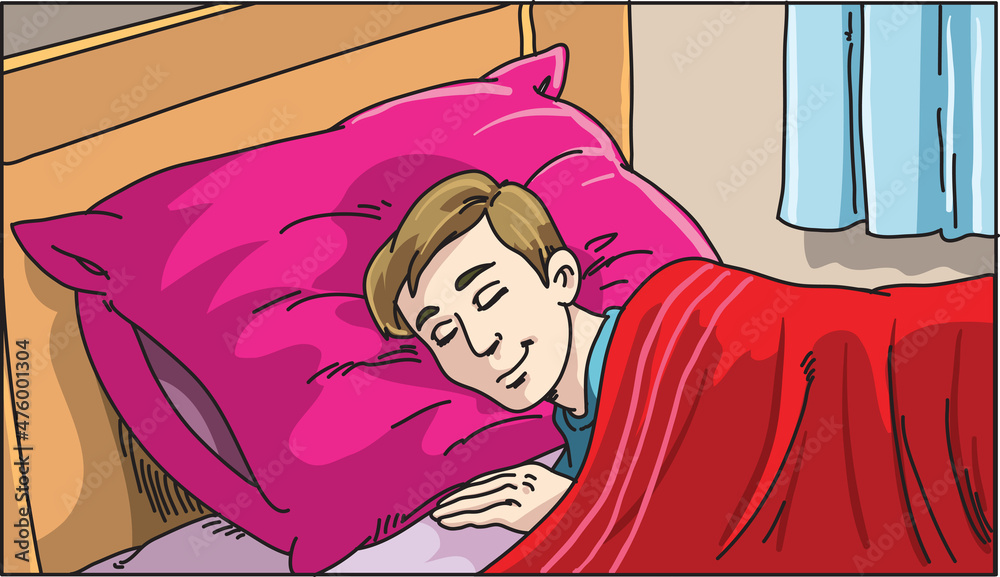 Man is sleeping sweet dream. Cartoon man sleeping in a bed. Stock Vector |  Adobe Stock