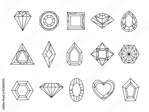 Gem, diamond, crystal and jewel stone shapes line icons. Outline emerald, carat, sapphire and ruby. Linear luxury brilliants logo vector set