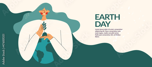 Mother Earth planet Day or protect globe environment nature. Environmental protection. Saving the planet, female character protect our earth. Go green concept. Flat vector cartoon illustration