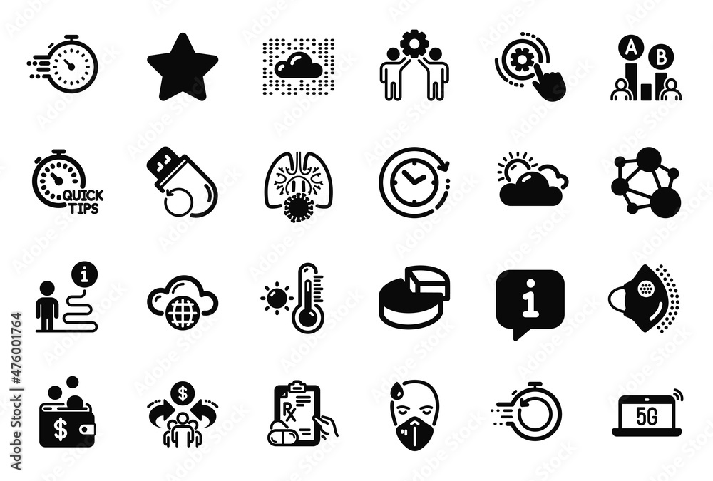 Vector Set of Science icons related to Cloud system, Sharing economy and Ab testing icons. 5g notebook, Time change and Weather thermometer signs. Cloud computing, Timer and Flash memory. Vector