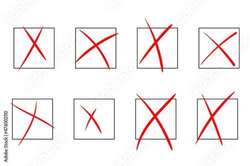 Check mark. Hand drawn check mark and cross. Empty filled boxes for answers in test, voting, confirmation, negation icons. Checklist signs template. Vector illustration isolated on white.