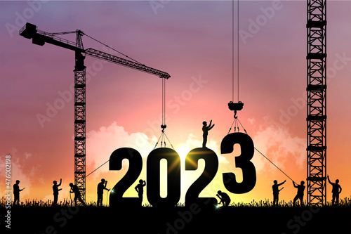Black vector silhouette of construction worker with crane and sky for preparation of welcome 2023 New Year party and change new business. Businessman engineer looking 2023 blueprint in a building site