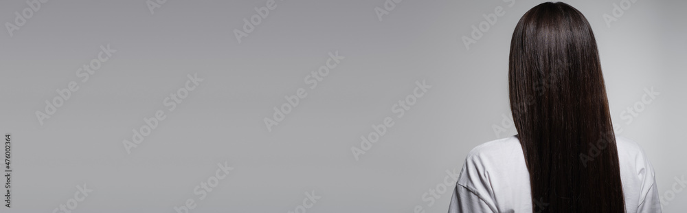 back view of young woman with smooth long hair isolated on grey, banner back view of young woman with smooth long hair isolated on grey, banner