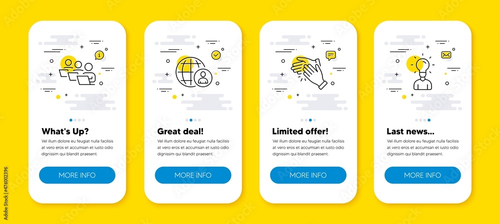 Vector set of International recruitment, Teamwork and Clapping hands line icons set. UI phone app screens with line icons. Education icon. World business, Remote work, Clap. Human idea. Vector Vector set of International recruitment, Teamwork and Clapping hands line icons set. UI phone app screens with line icons. Education icon. World business, Remote work, Clap. Human idea. Vector