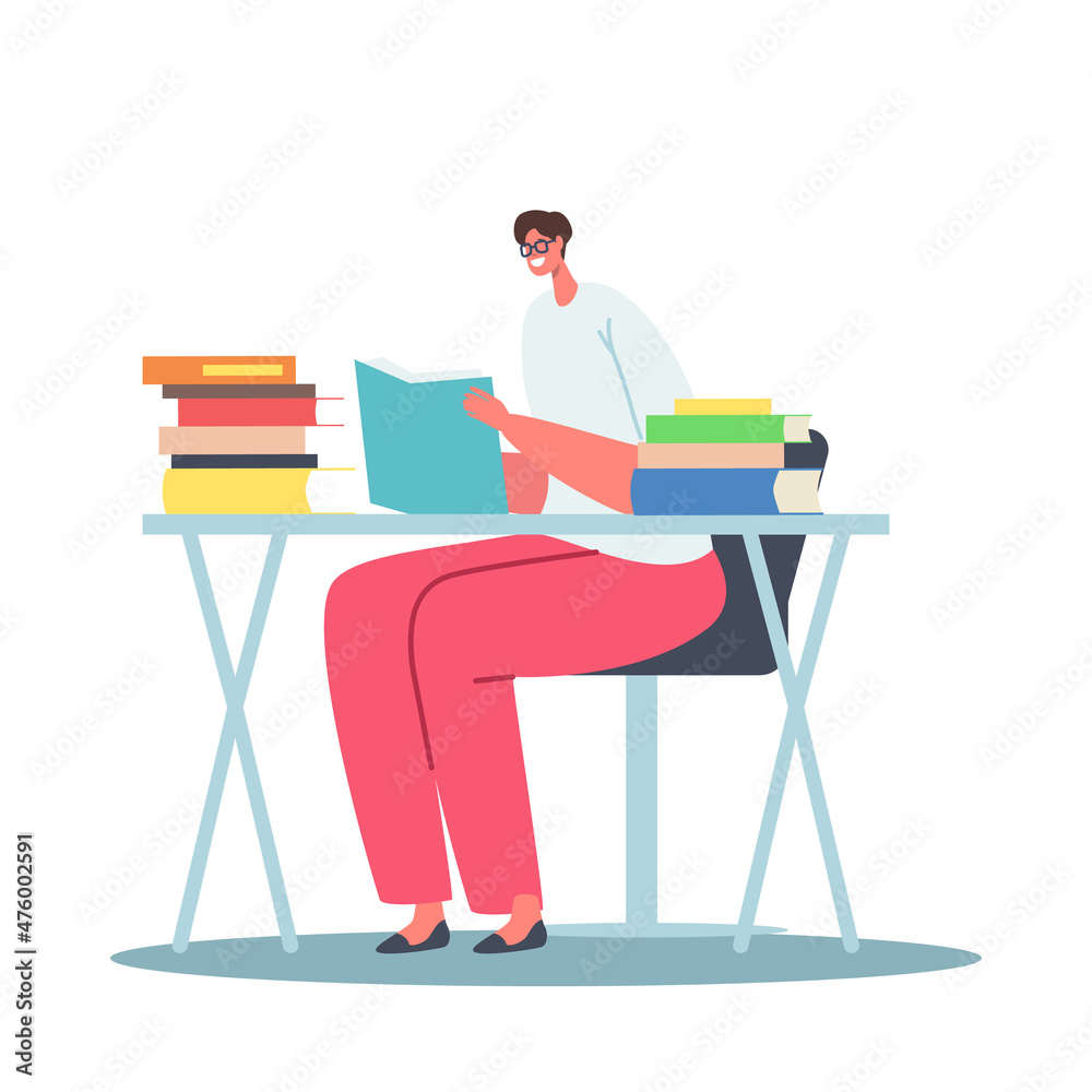 Young Woman Holding Book Sitting at Desk Prepare to Examination or Make Homework. Student Girl Character Reading Young Woman Holding Book Sitting at Desk Prepare to Examination or Make Homework. Student Girl Character Reading