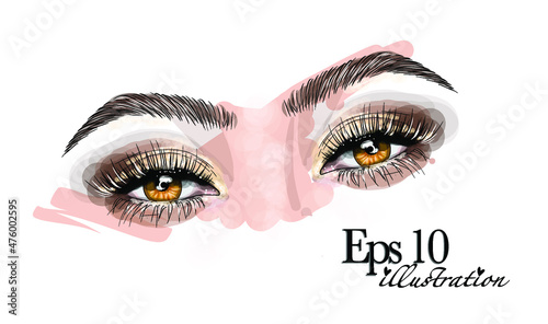 Hand-drawn woman's sexy makeup look with perfectly perfectly shaped eyebrows and extra full lashes. Idea for business visit card, typography vector. Perfect salon look