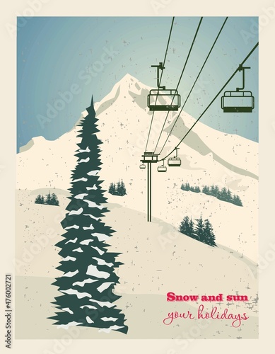 Winter landscape with ropeway station and ski cable cars. Snowy country scene vector illustration. Ski resort concept. For websites, wallpapers, posters or banners