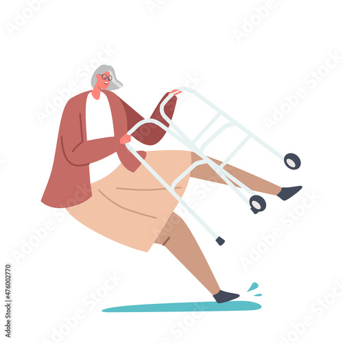 Senior Female Character with Walking Frame Slip on Wet Floor or Puddle Falling Down on the Ground, Old Woman Clumsiness