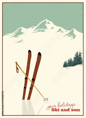 Vintage winter ski poster. Downhill skiing with sticks sticking out on a background of snowy mountains.