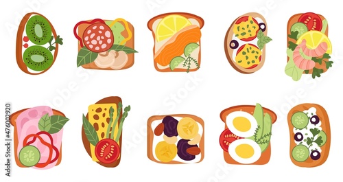 Fresh sandwiches top view. Toast bread, tasty lunch or breakfast. Healthy vegetables and fruits toasts, cheese avocado and sausage slices, decent vector set