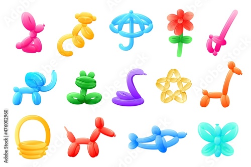 Party balloon elements. Balloons animals, isolated toys for kids festival. Entertainment equipment, butterfly, flower, pets recent vector set