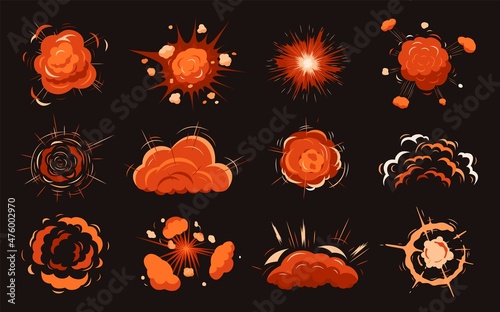 Cartoon fire explosion. War bomb, blast effects gaming. Dynamite explosions, bright red clouds. Comic style elements, big boom and smoke recent vector set