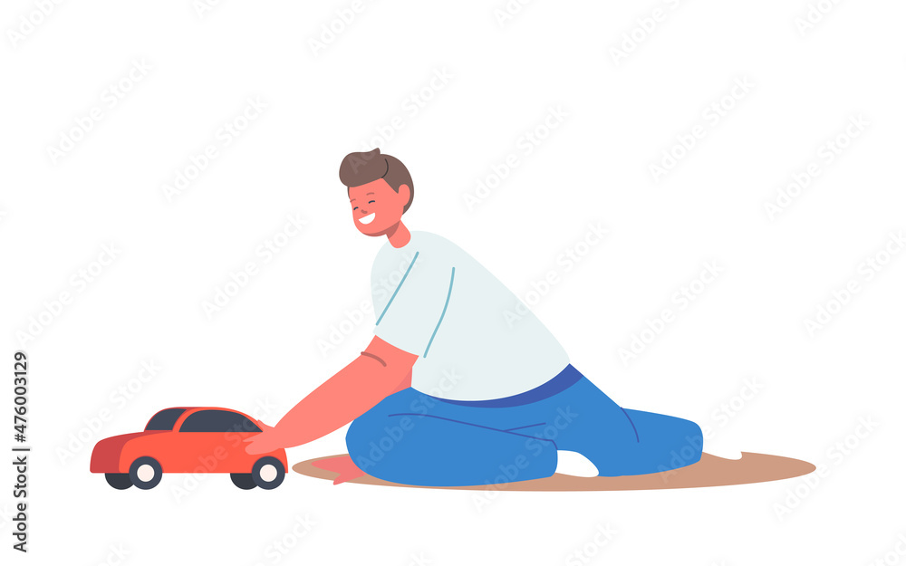 Little Boy Character Sitting on Floor Playing with Car. Child Fun with Toy, Kid Recreation at Home or Kindergarten