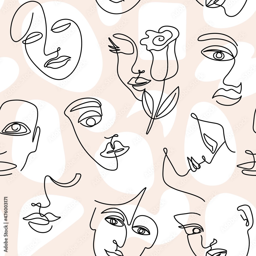 Abstract line face pattern. Bohemian woman faces profile, textile art print. Trendy fashion drawing girls, aesthetic minimal doodle decent vector seamless texture Abstract line face pattern. Bohemian woman faces profile, textile art print. Trendy fashion drawing girls, aesthetic minimal doodle decent vector seamless texture