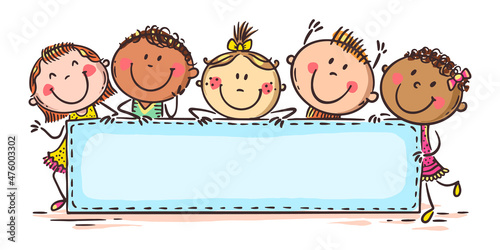 Happy cartoon kids with a blank sign, banner