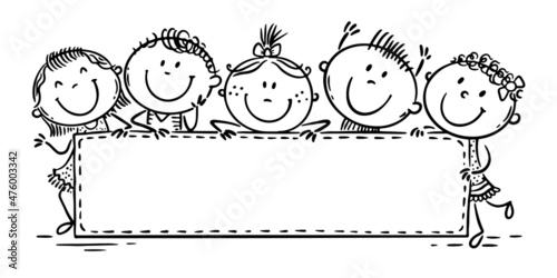 Happy cartoon kids with a blank sign, banner. Outline
