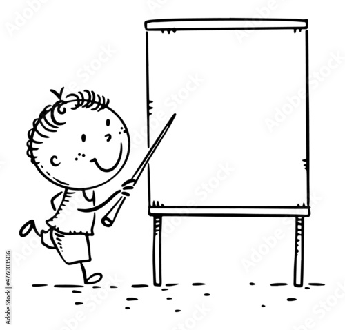 Doodle kid, student, schoolboy at the blackboard, outline