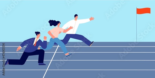 Business people competition. Man and woman running, start to target concept. Competitors characters, leadership vector scene