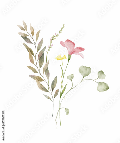 Watercolor vector bouquet of green branches and meadow flowers.