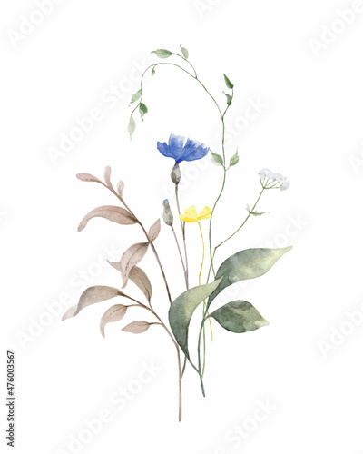Watercolor vector bouquet of green branches and meadow flowers.