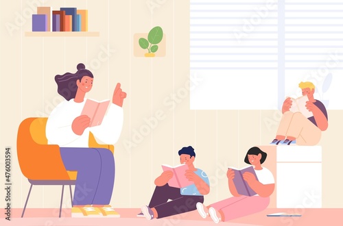 Kids reading with teacher. Home kindergarten or school lesson. Nanny with children at living room. Mother, boys and girls at evening together, vector scene