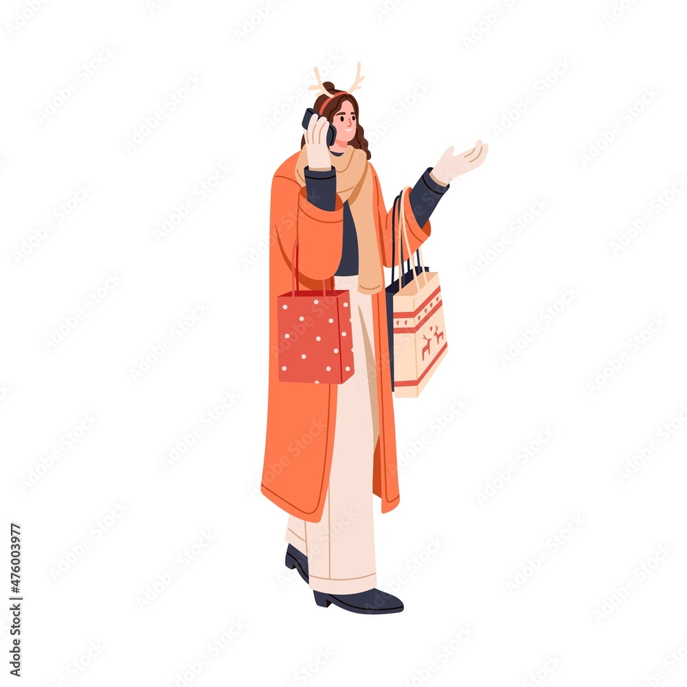Happy woman walking and talking on mobile phone after Christmas shopping. Person with Xmas gifts in bags going and speaking on smartphone. Flat graphic vector illustration isolated on white background Happy woman walking and talking on mobile phone after Christmas shopping. Person with Xmas gifts in bags going and speaking on smartphone. Flat graphic vector illustration isolated on white background