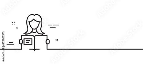 Woman read a Book line icon. Education symbol. Instruction or E-learning sign. Minimal line illustration background. Woman read line icon pattern banner. White web template concept. Vector