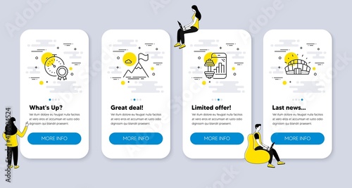 Set of Sports icons, such as Fitness app, Best result, Mountain flag icons. UI phone app screens with people. Sports stadium line symbols. Training program, Timer award, Success challenge. Vector