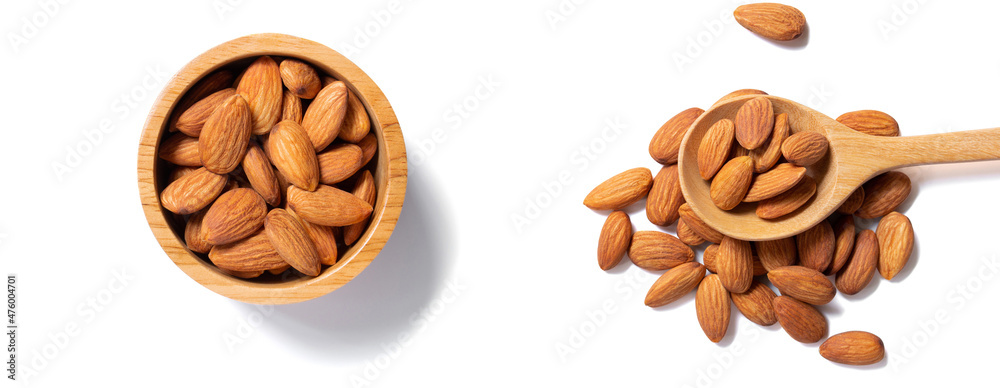 almond piece white isolated, almond on wood spoon , snack healthy food ,super food almond diet almond piece white isolated, almond on wood spoon , snack healthy food ,super food almond diet