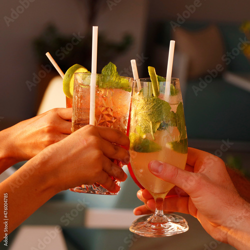Quadro em tela a group of people enjoying cocktail party with cheers hands