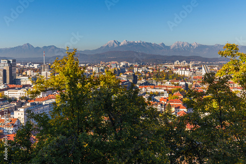 Ljubljana cityscape mountains view, Slovenia photo